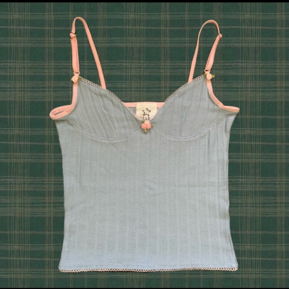 Handmade sky blue spaghetti strap tank top with pink and flower detailing
